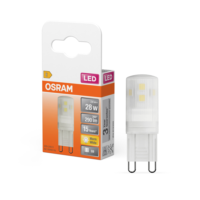 LED PIN 28 300° 2.6W 827 Frosted  G9 Scatto combinato = Scatto Product Beauty + immagine della confezione
