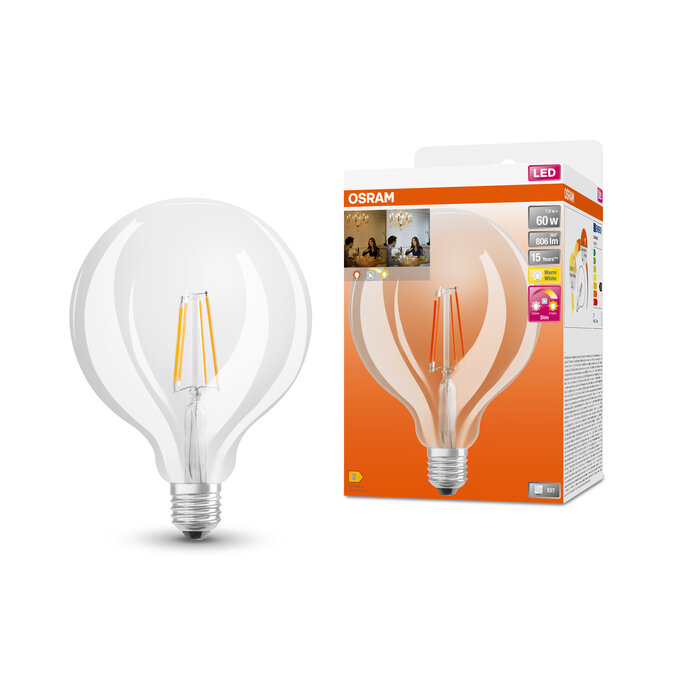 LED Superstar Plus Classic Globe 125 60 Filament Glow DIM 7W 822…827 E27  Scatto combinato = Scatto Product Beauty + immagine della confezione