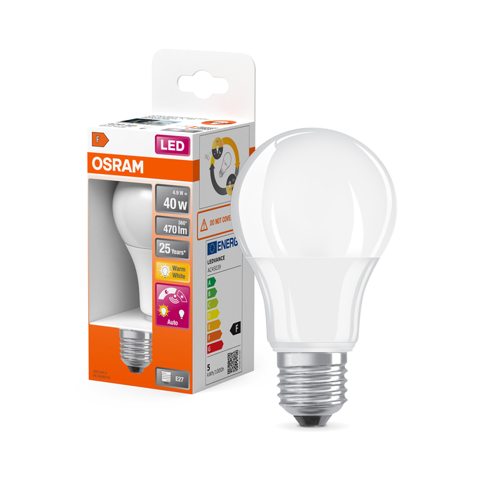 LED Star Classic A 40 Daylight Sensor 4.9W 827 Frosted E27 Combo Shot = Product Beauty Shot + Packaging Image
