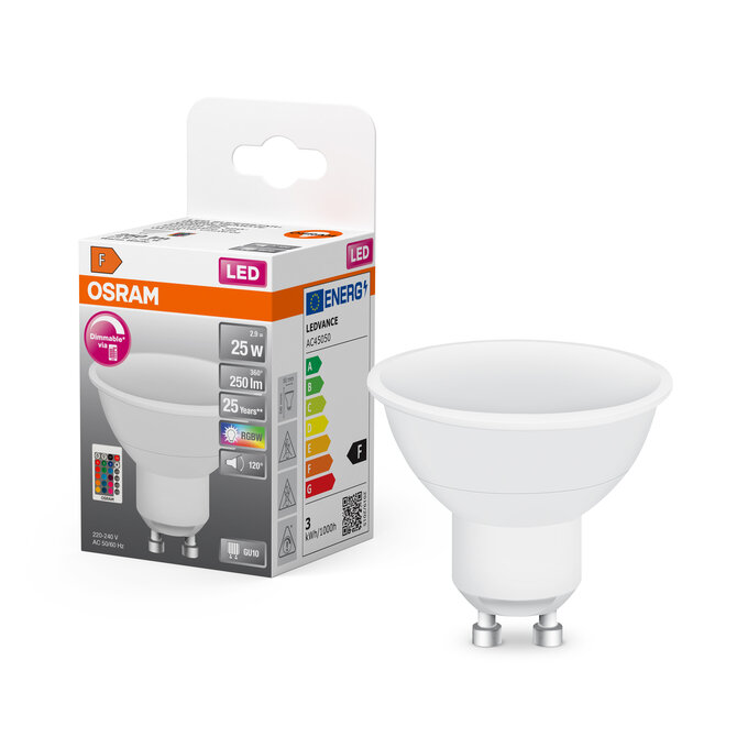 LED Superstar PAR16 25 120° RGBW Remote Control 2.9W 827 Frosted GU10 Scatto combinato = Scatto Product Beauty + immagine della confezione