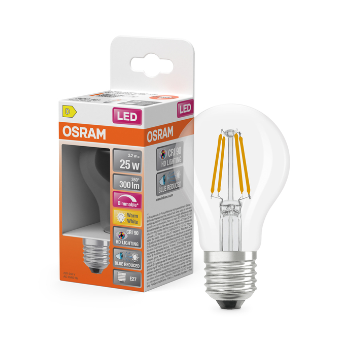LED Superstar Plus Classic A 25 Filament DIM 2.2W 927 Clear E27 Combo Shot = Product Beauty Shot + Packaging Image
