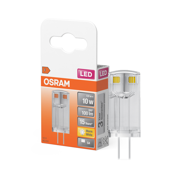 LED PIN 10 320° 0.9W 827 Clear G4 Scatto combinato = Scatto Product Beauty + immagine della confezione