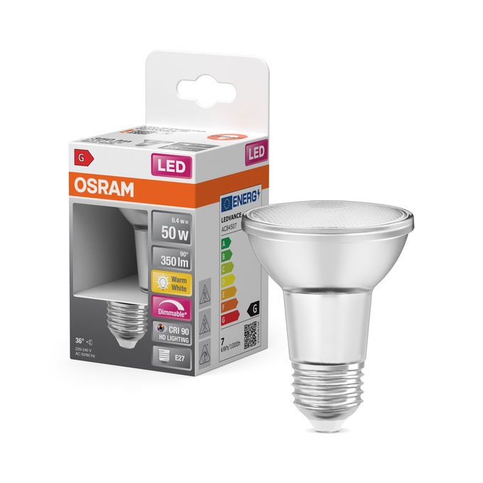 LED Superstar PAR20 50 36° DIM 6.4W 927 E27 Scatto combinato = Scatto Product Beauty + immagine della confezione