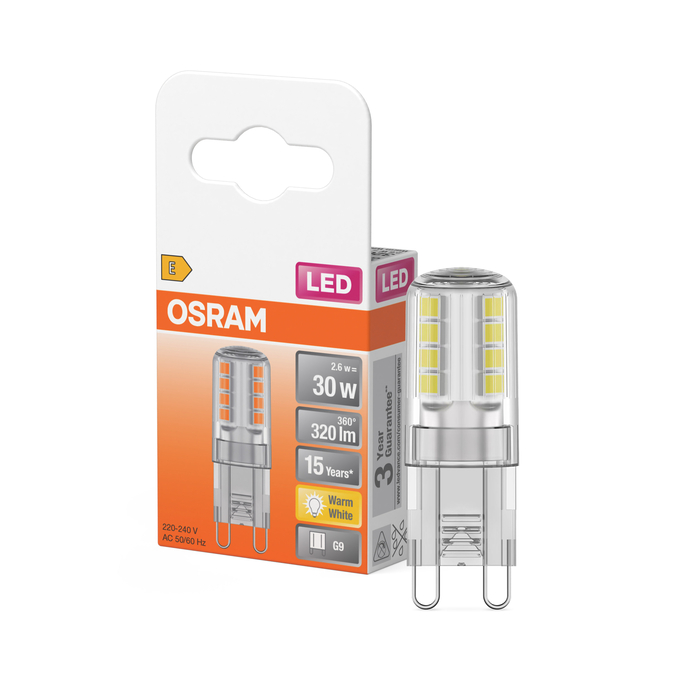 LED PIN 30 300° 2.6W 827 Clear G9 Scatto combinato = Scatto Product Beauty + immagine della confezione