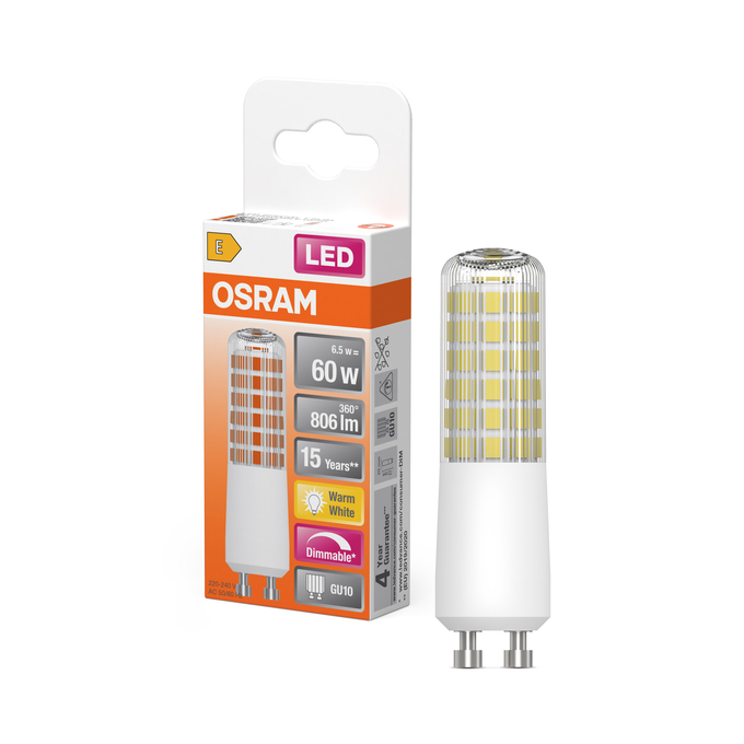 LED T Slim 60 320° DIM 6.5W 827 Clear GU10 Scatto combinato = Scatto Product Beauty + immagine della confezione
