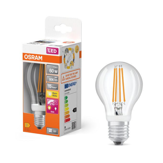 LED Star Classic A 60 Filament Motion Sensor 7.3W 827 Clear E27 Combo Shot = Product Beauty Shot + Packaging Image