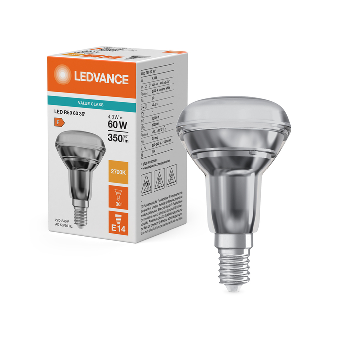 LED R50 60 36° V 4.3W 827 E14 Scatto combinato = Scatto Product Beauty + immagine della confezione