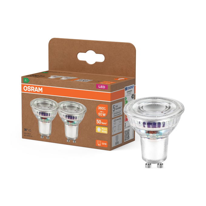 LED PAR16 50 36°  Energy efficiency class A 2W 827 GU10 Scatto combinato = Scatto Product Beauty + immagine della confezione