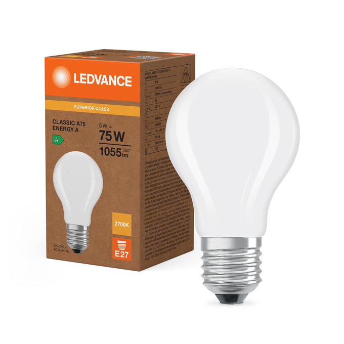 LED Classic A 75 Filament Energy efficiency class A S 5W 827 Frosted E27 Combo Shot = Product Beauty Shot + Packaging Image