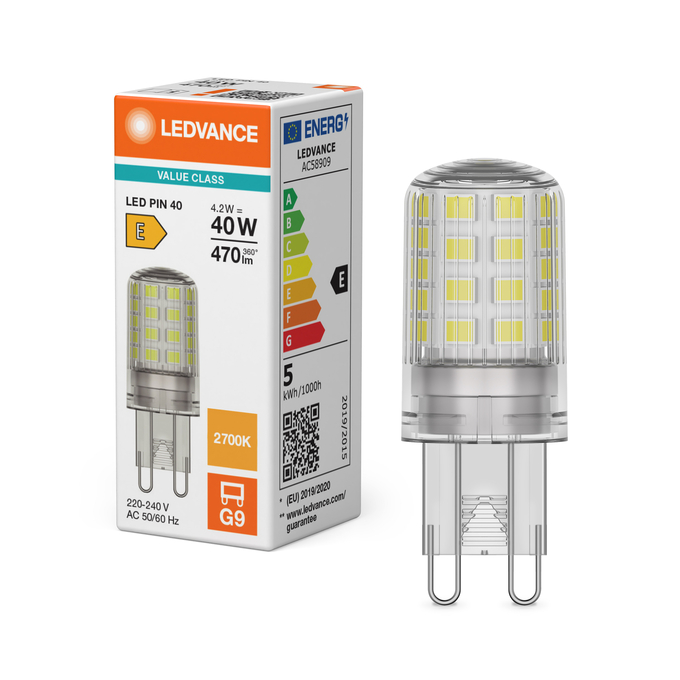 LED PIN 40 300° V 4.2W 827 Clear G9 Fotografie combinată = Fotografiede prezentare + Imagine cu ambalaj