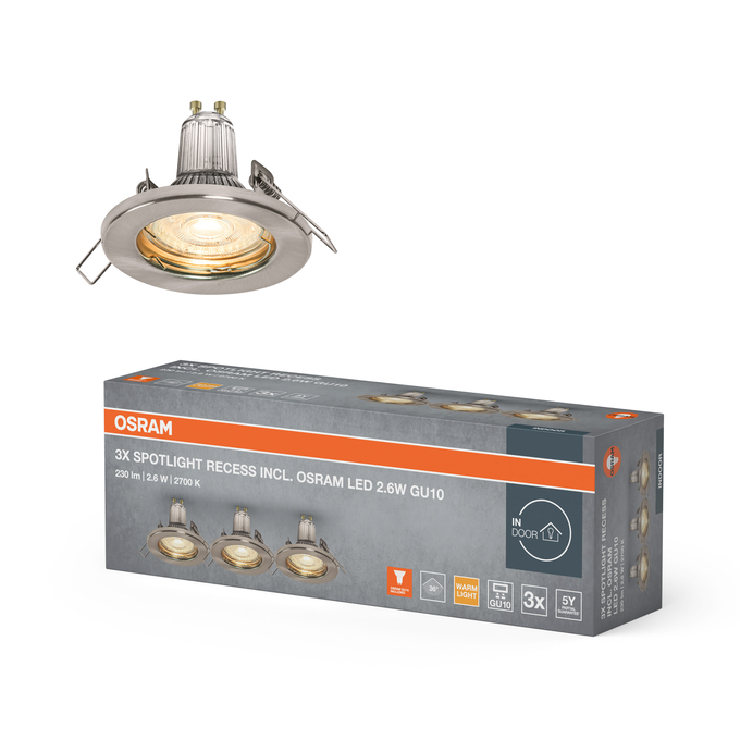 Spotlight Recess Set Incl. Osram LED 3x2.6W GU10 Brushed Nickel Scatto combinato = Scatto Product Beauty + immagine della confezione