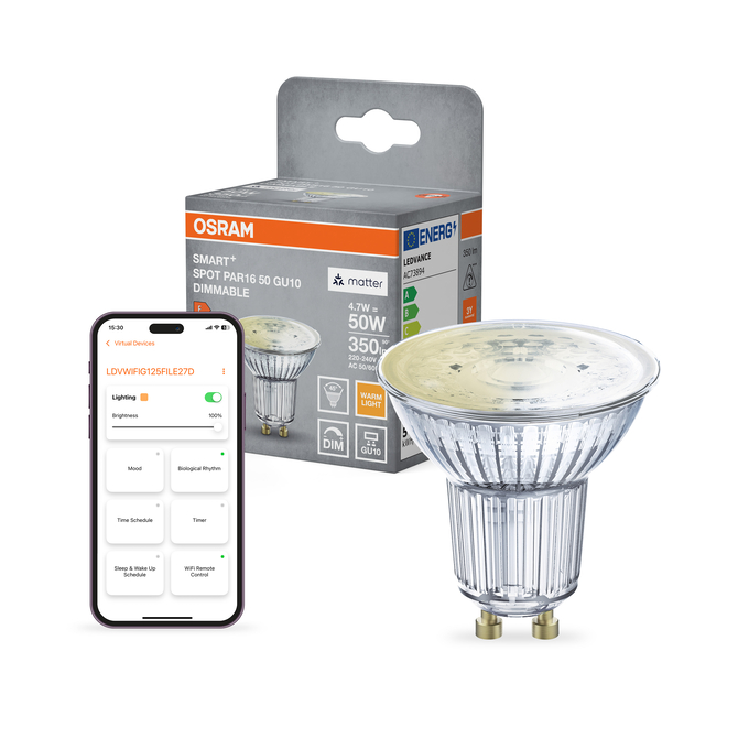 SMART+ MATTER Dimmable Spot PAR16 50 45° 4.7W GU10 Single Pack Kombinirani snimak = Slika proizvoda + slika pakiranja