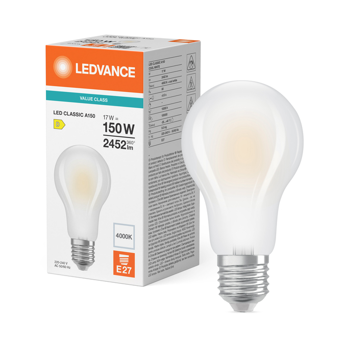 LED Classic A 150 Filament V 17W 840 Frosted E27 Combo Shot = Product Beauty Shot + Packaging Image