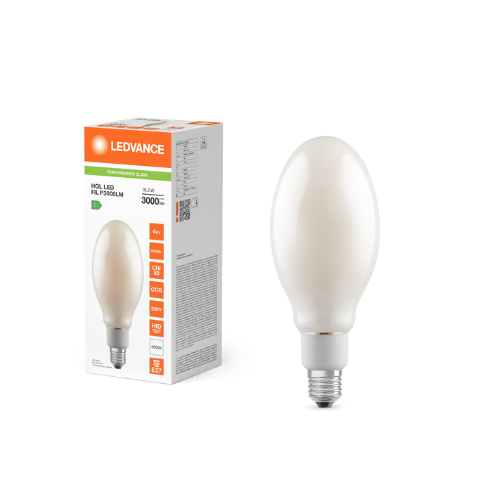 HQL LED FILAMENT PERFORMANCE 3000LM 16.2W 840 E27 Fotografie combinată = Fotografiede prezentare + Imagine cu ambalaj