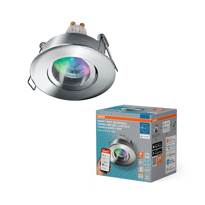 SMART+ MATTER LED Spot Recess GU10 IP65 Adjustable 4.7W RGBW Chrome Yhdistelmäkuva = Product Beauty Shot + pakkauskuva