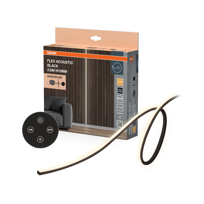 Flex Strip Acoustic Black 2.6m H13 mm 830 Starter Set Remote Control Scatto combinato = Scatto Product Beauty + immagine della confezione
