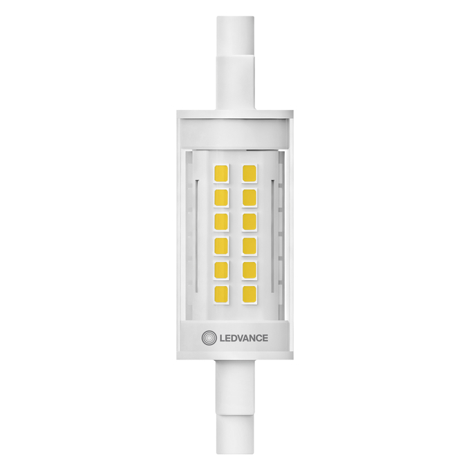LED Slim Line 78 75 300° DIM P 9.5W 827 Clear R7s white, upright, LEDVANCE logo