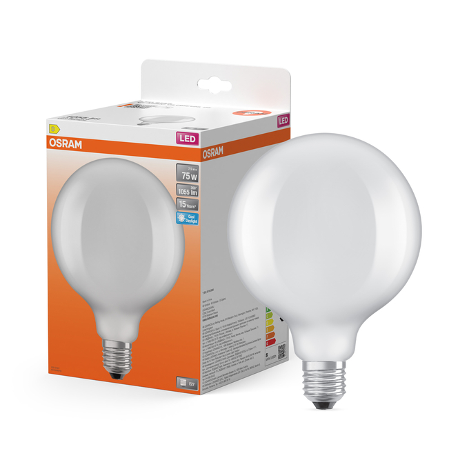 LED Star Globe 125 75 Filament 7.5W 865 Frosted E27 Combo Shot = Product Beauty Shot + Packaging Image