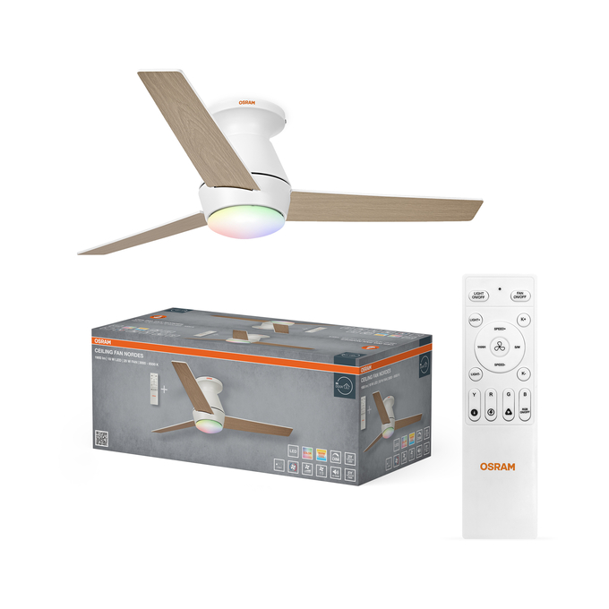 Ceiling Fan Nordes 1065mm 38W CCT RGB Scatto combinato = Scatto Product Beauty + immagine della confezione