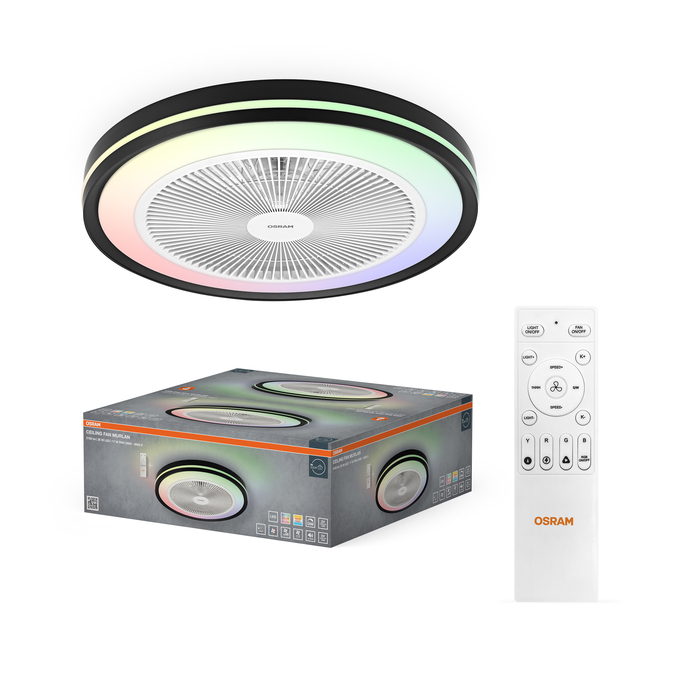 Ceiling Fan Murlan 490mm 43W CCT RGB Combo Shot = Product Beauty Shot + Packaging Image
