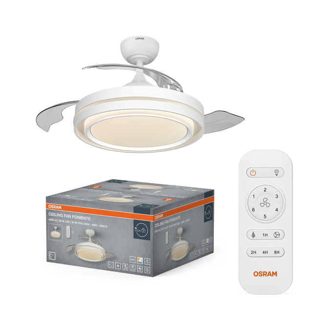 Ceiling Fan Poniente 1060mm 66W CCT Scatto combinato = Scatto Product Beauty + immagine della confezione