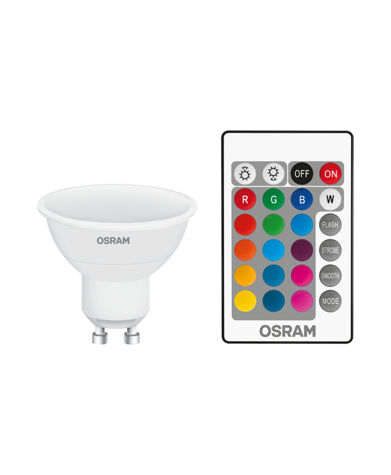 LED Superstar PAR16 25 120° RGBW Remote Control 2.9W 827 Frosted GU10 white, horizontal, OSRAM logo