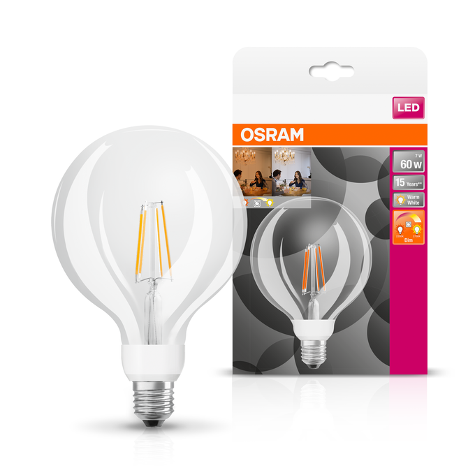 LED Superstar Plus Classic Globe 125 60 Filament Glow DIM 7W 822…827 E27  Scatto combinato = Scatto Product Beauty + immagine della confezione