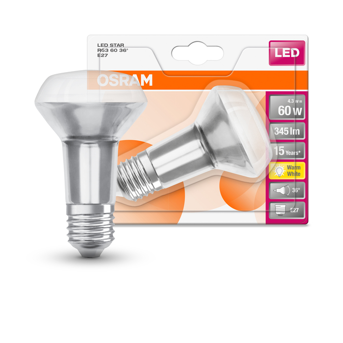 ST R63 60 36 ° 4.3 W/2700 K E27  Scatto combinato = Scatto Product Beauty + immagine della confezione