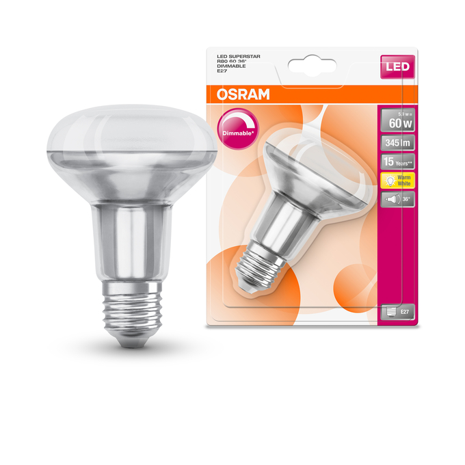 ST R80 60 36 ° 5.9 W/2700 K E27  Scatto combinato = Scatto Product Beauty + immagine della confezione