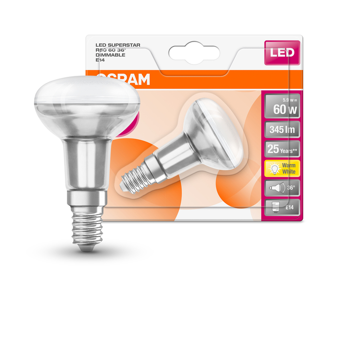 SST R50 60 36 ° 5.9 W/2700 K E14 DIM Scatto combinato = Scatto Product Beauty + immagine della confezione