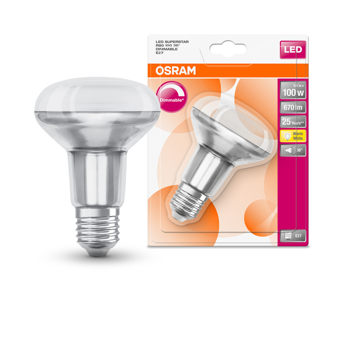 SST R80 100 36 ° 9.6 W/2700 K E27  Scatto combinato = Scatto Product Beauty + immagine della confezione